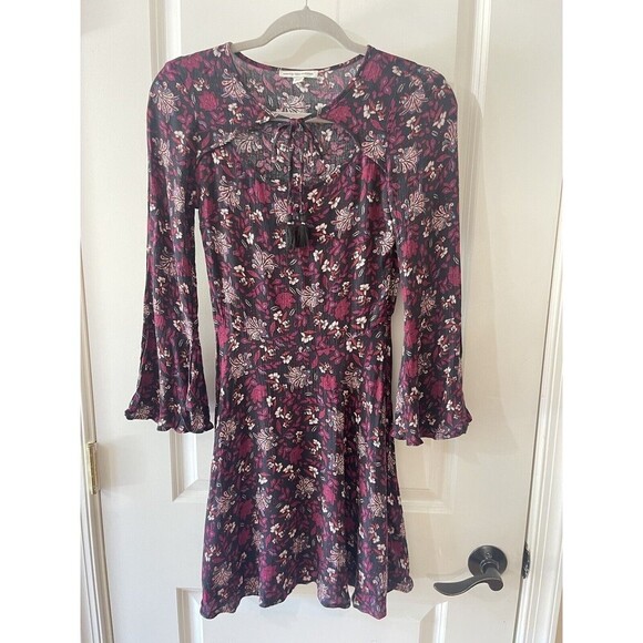 American Eagle Size XS Burgundy Floral Print Bell Sleeve Boho Dress - Picture 2 of 11